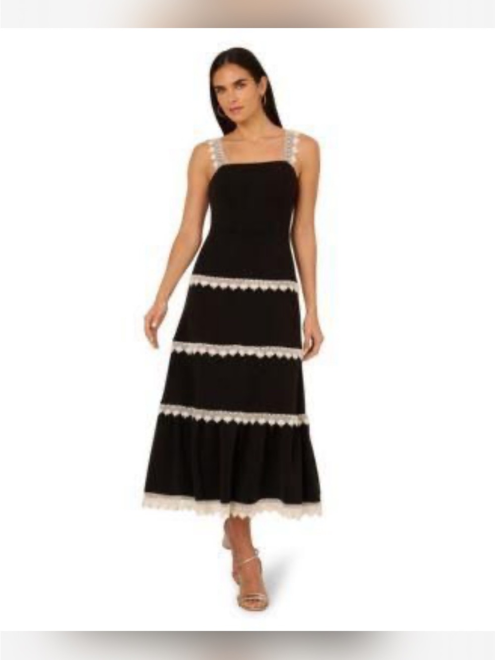 Adrianna Papell Black Midi Dress with Cream Lace Trim